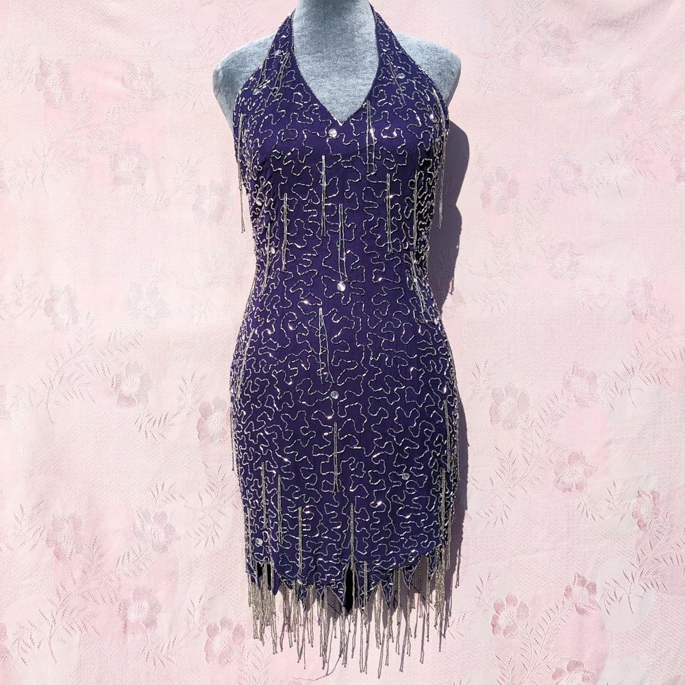 Vintage 80s 90s Beaded Silk Fringe Showgirl Dress Size 6 Halter Party Flapper